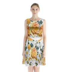 Flowers Roses White Yellow Sleeveless Waist Tie Chiffon Dress by Simbadda