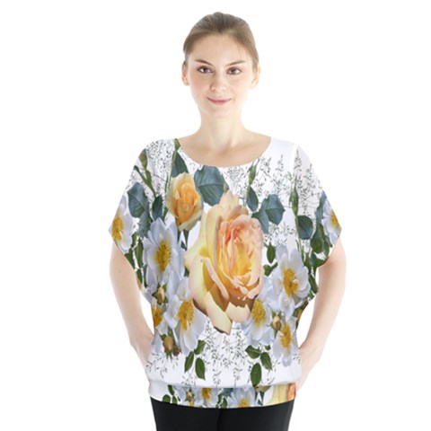 Flowers Roses White Yellow Batwing Chiffon Blouse by Simbadda