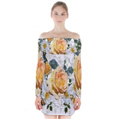 Flowers Roses White Yellow Long Sleeve Off Shoulder Dress by Simbadda