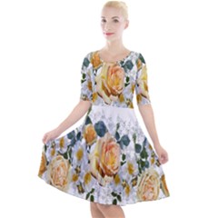 Flowers Roses White Yellow Quarter Sleeve A-line Dress by Simbadda