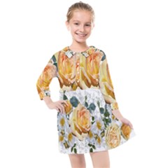 Flowers Roses White Yellow Kids  Quarter Sleeve Shirt Dress by Simbadda