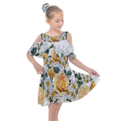 Flowers Roses White Yellow Kids  Shoulder Cutout Chiffon Dress