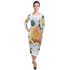 Flowers Roses White Yellow Quarter Sleeve Midi Velour Bodycon Dress by Simbadda