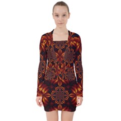 Abstract Art Artwork Fractal Design V-neck Bodycon Long Sleeve Dress by Simbadda