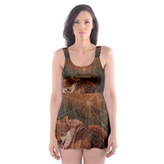 Awesome Wolf In The Darkness Of The Night Skater Dress Swimsuit by FantasyWorld7