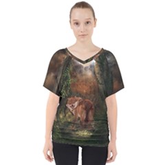 Awesome Wolf In The Darkness Of The Night V-neck Dolman Drape Top by FantasyWorld7