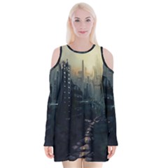 Apocalypse Post Apocalyptic Velvet Long Sleeve Shoulder Cutout Dress by Sudhe