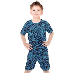 Neon Abstract Surface Texture Blue Kids  Tee And Shorts Set