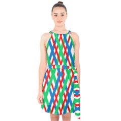 Geometric Line Rainbow Halter Collar Waist Tie Chiffon Dress
