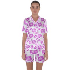 Pink Flower Satin Short Sleeve Pyjamas Set by scharamo