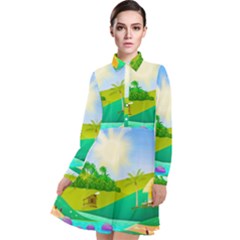 Tropical Resort Huts Lake River Long Sleeve Chiffon Shirt Dress by Simbadda