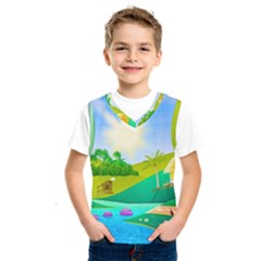 Tropical Resort Huts Lake River Kids  Sportswear by Simbadda