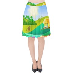 Tropical Resort Huts Lake River Velvet High Waist Skirt by Simbadda