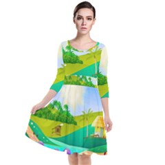 Tropical Resort Huts Lake River Quarter Sleeve Waist Band Dress by Simbadda