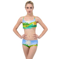 Tropical Resort Huts Lake River Layered Top Bikini Set by Simbadda
