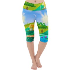 Tropical Resort Huts Lake River Lightweight Velour Cropped Yoga Leggings by Simbadda