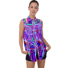 Stars Beveled 3d Abstract Sleeveless Chiffon Button Shirt