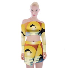 Ocean Sunset Dolphin Palm Tree Off Shoulder Top With Mini Skirt Set by Simbadda