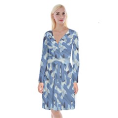 Tarn Blue Pattern Camouflage Long Sleeve Velvet Front Wrap Dress