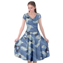 Tarn Blue Pattern Camouflage Cap Sleeve Wrap Front Dress