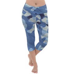Tarn Blue Pattern Camouflage Lightweight Velour Capri Yoga Leggings by Alisyart