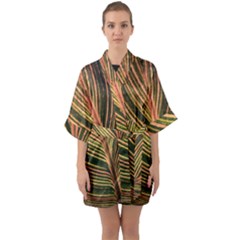 Leaf Patten Lines Colorful Plant Half Sleeve Satin Kimono  by Simbadda