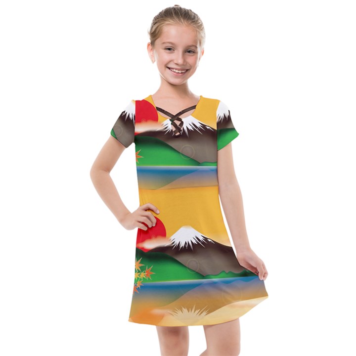 Mount Fuji Japan Lake Sun Sunset Kids  Cross Web Dress