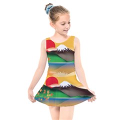 Mount Fuji Japan Lake Sun Sunset Kids  Skater Dress Swimsuit