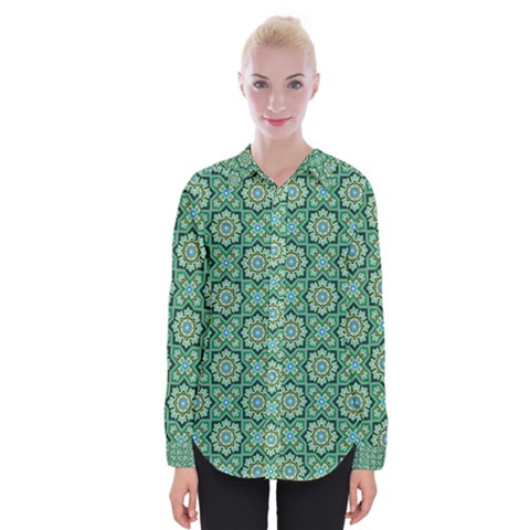 Green Abstract Geometry Pattern Womens Long Sleeve Shirt by Simbadda
