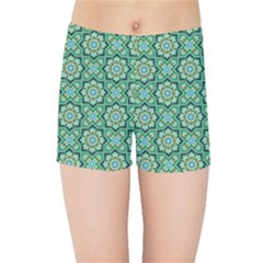 Green Abstract Geometry Pattern Kids  Sports Shorts by Simbadda