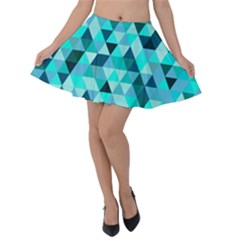 Teal Triangles Pattern Velvet Skater Skirt by LoolyElzayat