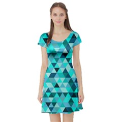 Teal Triangles Pattern Short Sleeve Skater Dress by LoolyElzayat