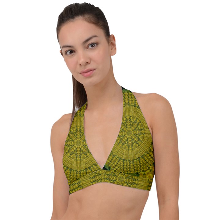 Flowers In Yellow For Love Of The Nature Halter Plunge Bikini Top