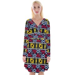 Rectangles And Other Shapes Pattern                                       Long Sleeve Front Wrap Dress