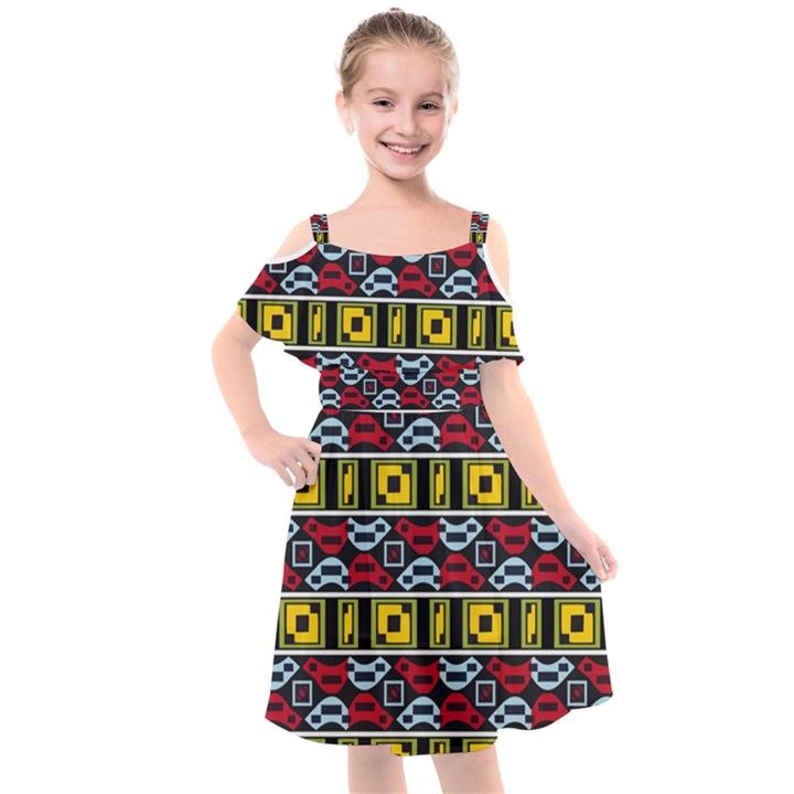 Rectangles and other shapes pattern                                Kids  Cut Out Shoulders Chiffon Dress