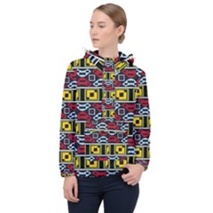 Rectangles And Other Shapes Pattern                                    Women Hooded Front Pocket Windbreaker by LalyLauraFLM