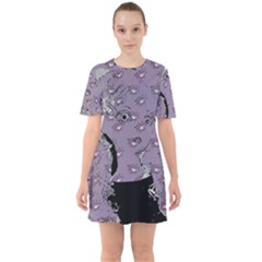 Wide Eyed Girl Grey Lilac Sixties Short Sleeve Mini Dress