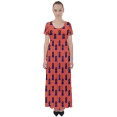 Nerdy 60s  Girl Pattern Orange High Waist Short Sleeve Maxi Dress by snowwhitegirl