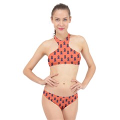 Nerdy 60s  Girl Pattern Orange High Neck Bikini Set by snowwhitegirl