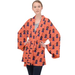 Nerdy 60s  Girl Pattern Orange Long Sleeve Velvet Kimono  by snowwhitegirl