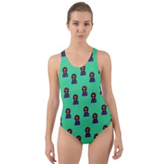 Nerdy 60s  Girl Pattern Seafoam Green Cut-out Back One Piece Swimsuit by snowwhitegirl