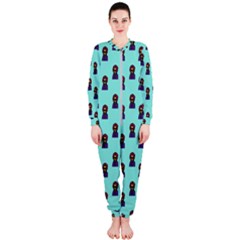 Nerdy 60s  Girl Pattern Aqua Onepiece Jumpsuit (ladies) 