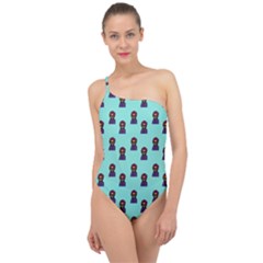 Nerdy 60s  Girl Pattern Aqua Classic One Shoulder Swimsuit by snowwhitegirl