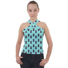 Nerdy 60s  Girl Pattern Aqua Cross Neck Velour Top by snowwhitegirl