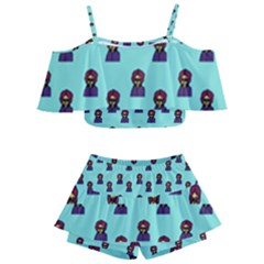 Nerdy 60s  Girl Pattern Aqua Kids  Off Shoulder Skirt Bikini by snowwhitegirl