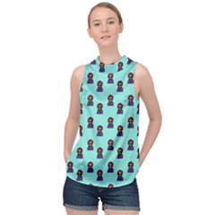 Nerdy 60s  Girl Pattern Aqua High Neck Satin Top by snowwhitegirl