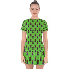 Nerdy 60s  Girl Pattern Green Drop Hem Mini Chiffon Dress