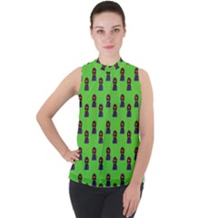 Nerdy 60s  Girl Pattern Green Mock Neck Chiffon Sleeveless Top by snowwhitegirl