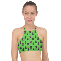 Nerdy 60s  Girl Pattern Green Racer Front Bikini Top by snowwhitegirl