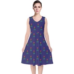 Nerdy 60s  Girl Pattern Blue V-neck Midi Sleeveless Dress  by snowwhitegirl